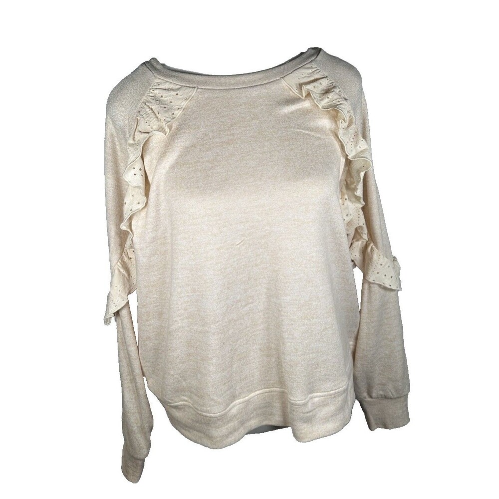 NWT 89th + Madison Women's Large  Round Neck Ruffle Long Sleeve Sweater Beige